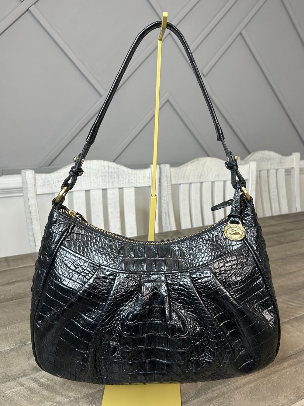 Brahmin Vintage Black Croc Embossed Leather Pleated Hobo Shoulder Bag